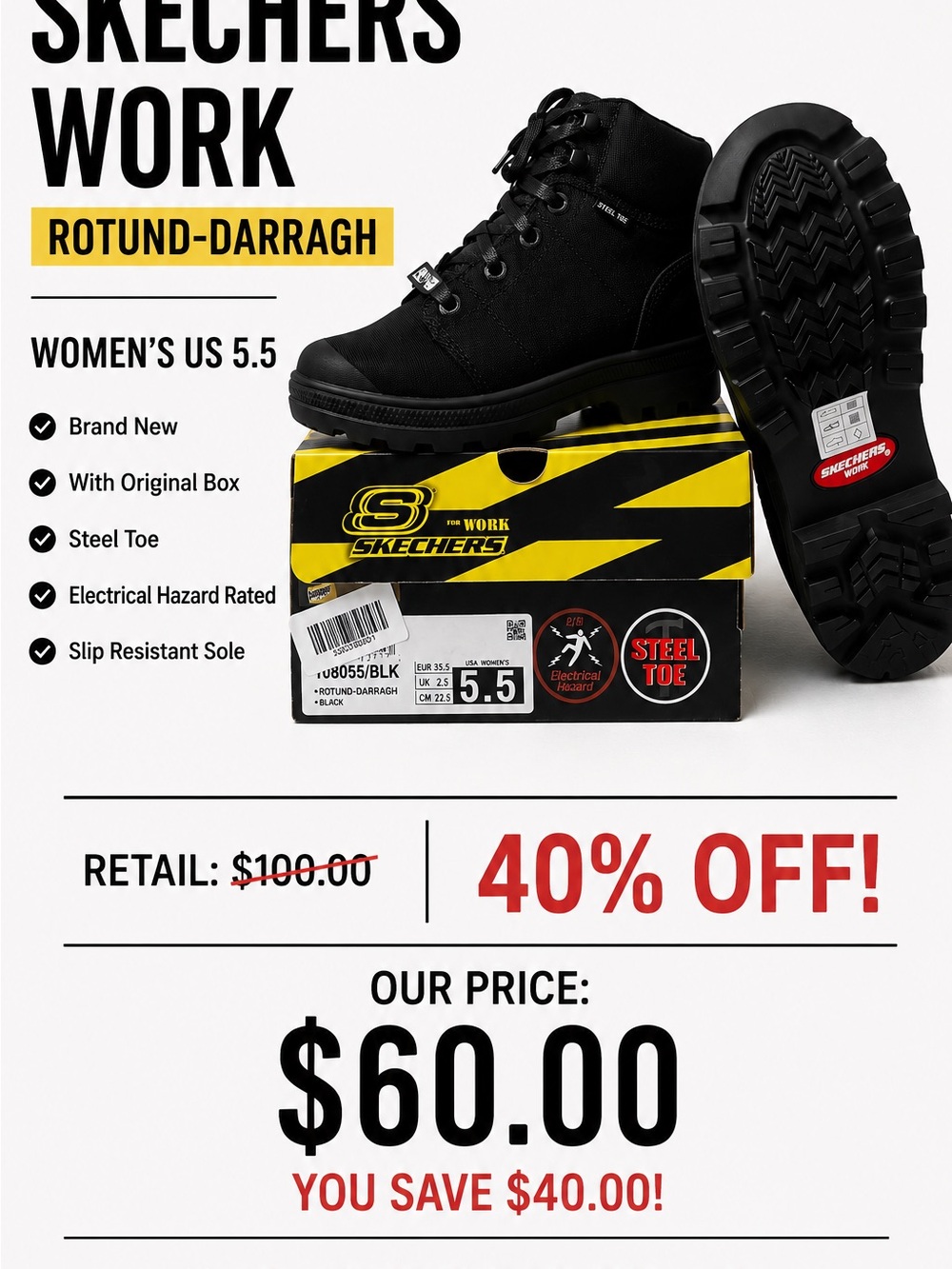 Skechers Black Women's Work Ankle Boots with Steel Toe